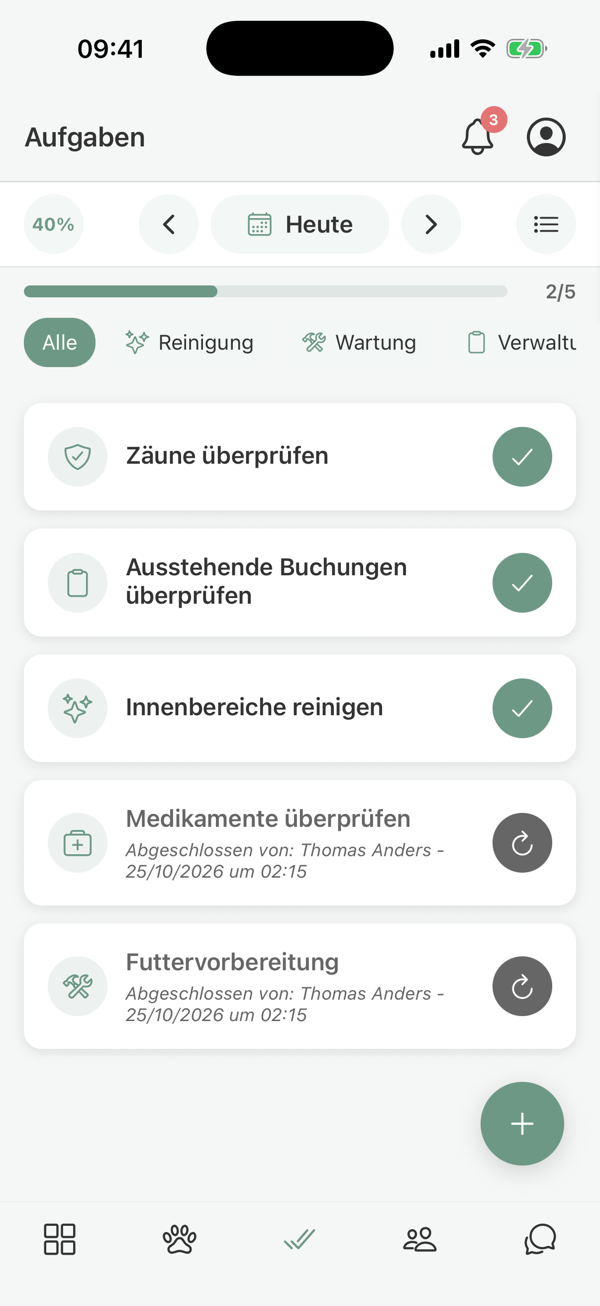 Tasks in pawganizer for cleaning, maintenance, and admin, with the day's progress Tasks in pawganizer for cleaning, maintenance, and admin, with the day's progress