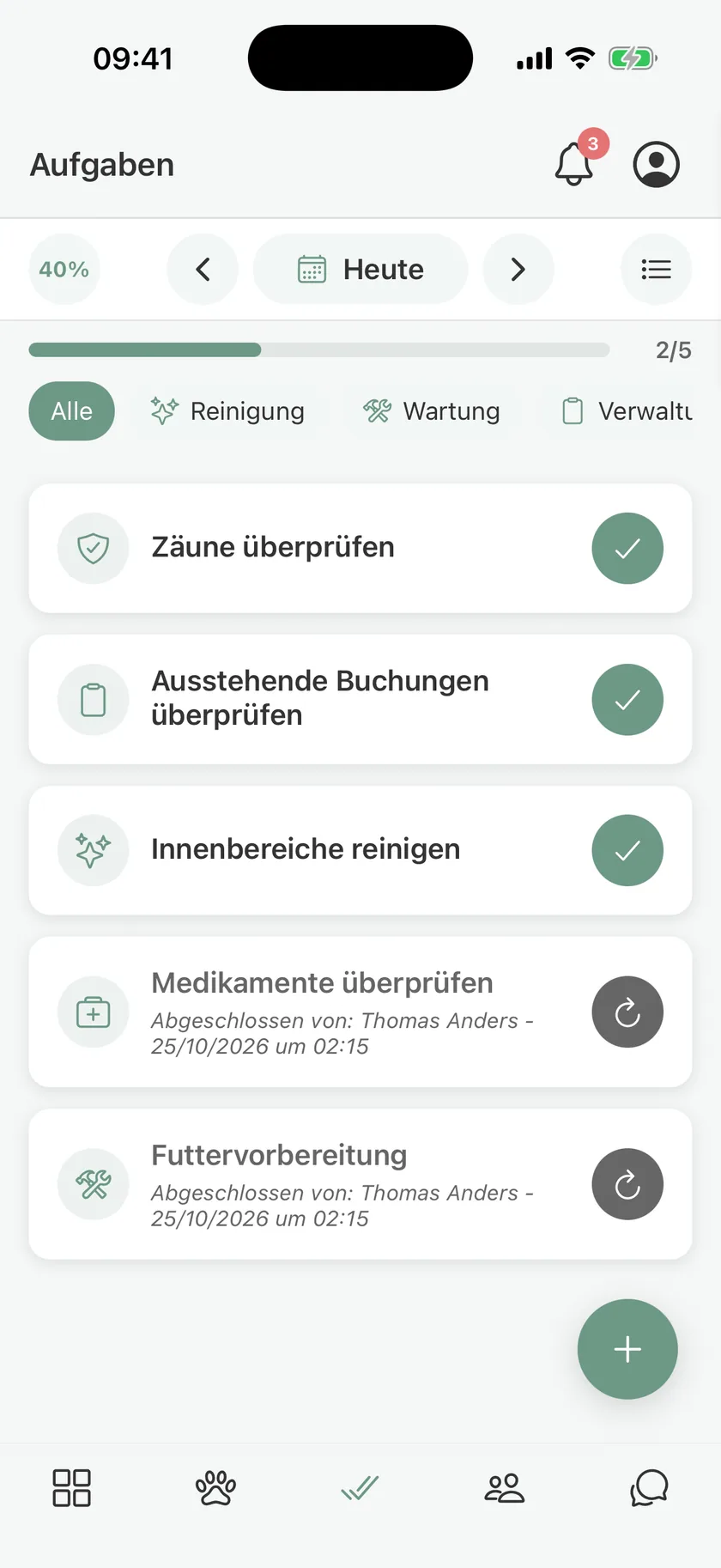 Tasks in pawganizer for cleaning, maintenance, and admin, with the day's progress Tasks in pawganizer for cleaning, maintenance, and admin, with the day's progress