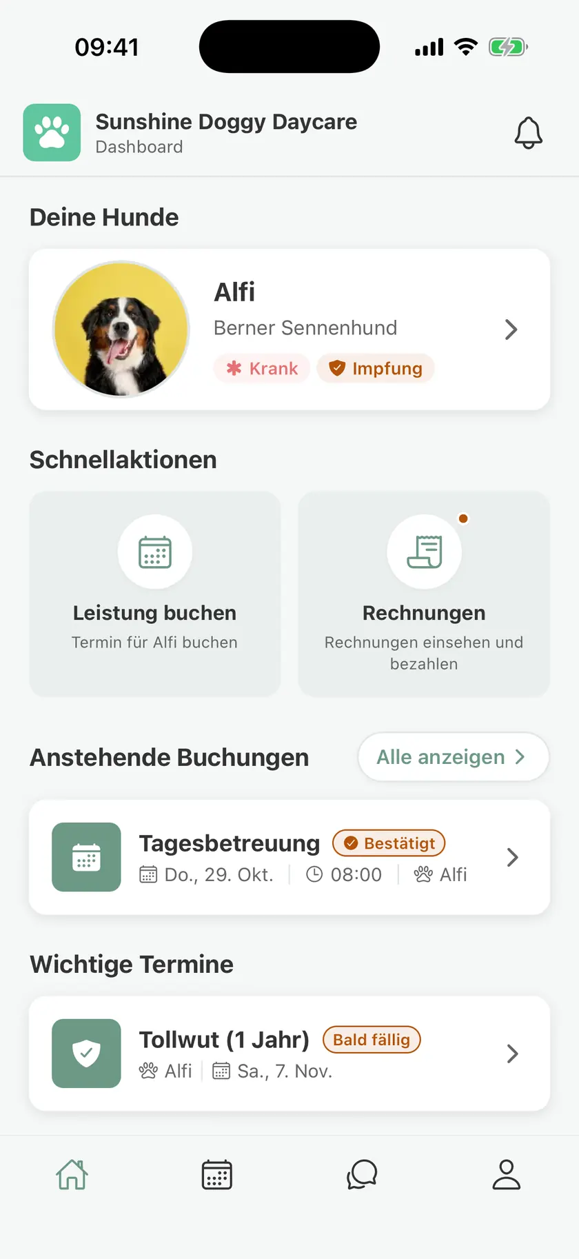The pawganizer customer app, with booking, invoices, and a vaccination that is due The pawganizer customer app, with booking, invoices, and a vaccination that is due