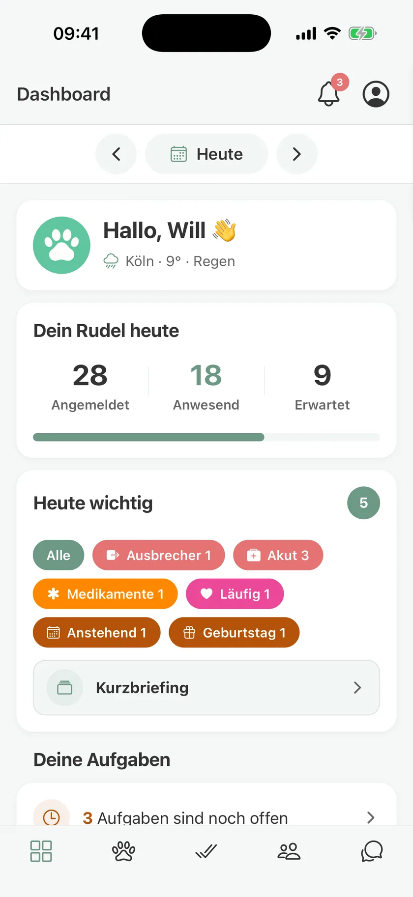 pawganizer dashboard with today's pack, important alerts, and open tasks pawganizer dashboard with today's pack, important alerts, and open tasks