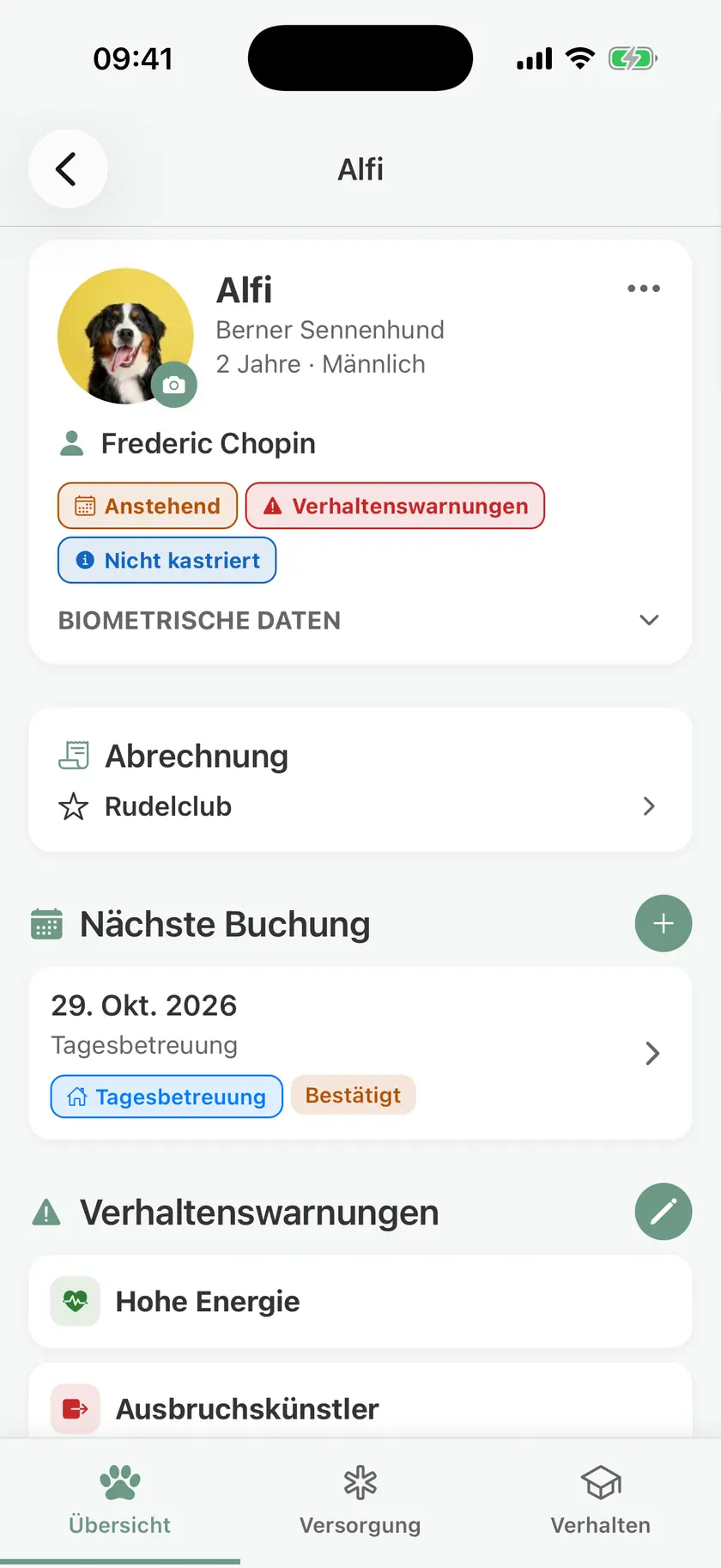 Alfi's dog profile in pawganizer, with warnings, the next booking, and the membership Alfi's dog profile in pawganizer, with warnings, the next booking, and the membership