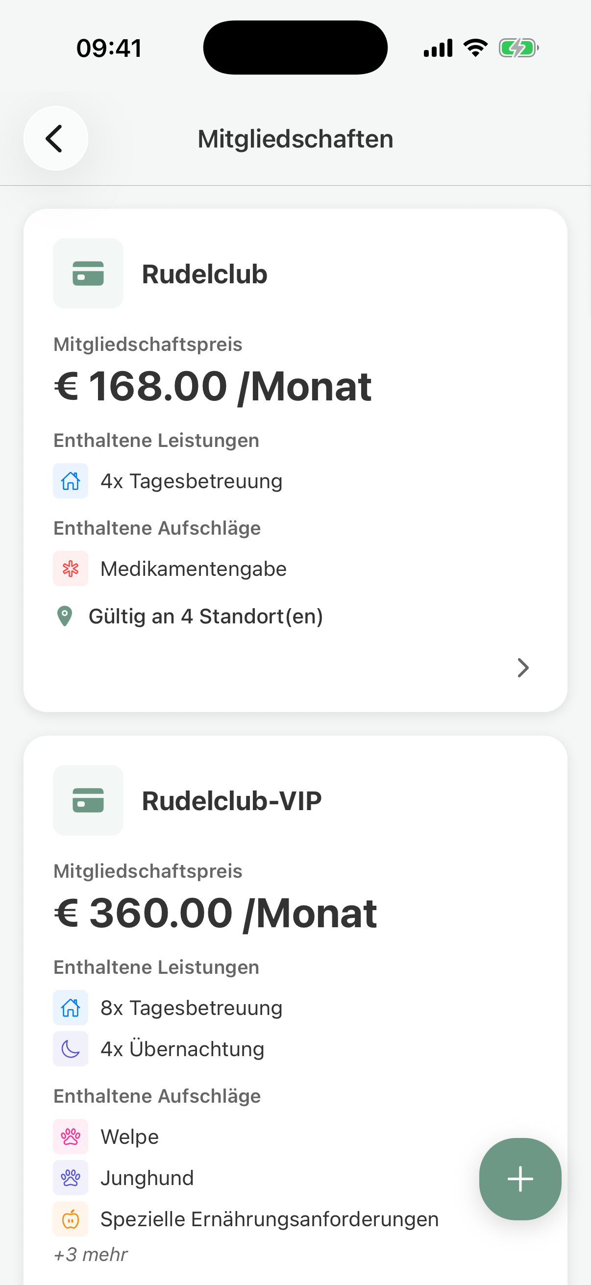 Memberships in pawganizer with a monthly price, included services, and surcharges Memberships in pawganizer with a monthly price, included services, and surcharges