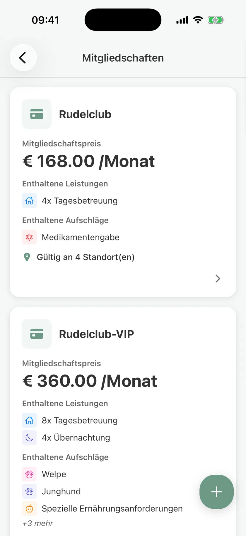 Memberships in pawganizer with a monthly price, included services, and surcharges Memberships in pawganizer with a monthly price, included services, and surcharges